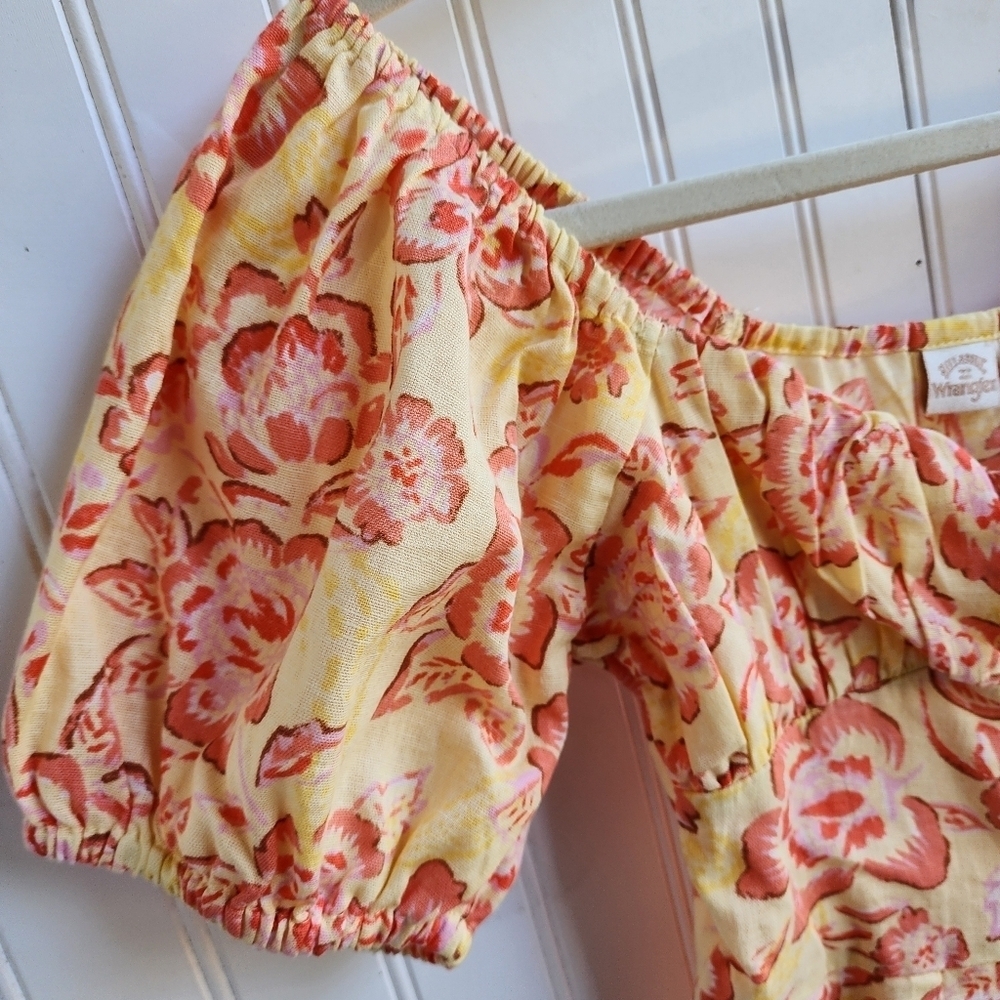 Billabong x Wrangler Dress Yellow Orange Linen Mini Floral Puff Sleeve Button XS - Picture 3 of 12